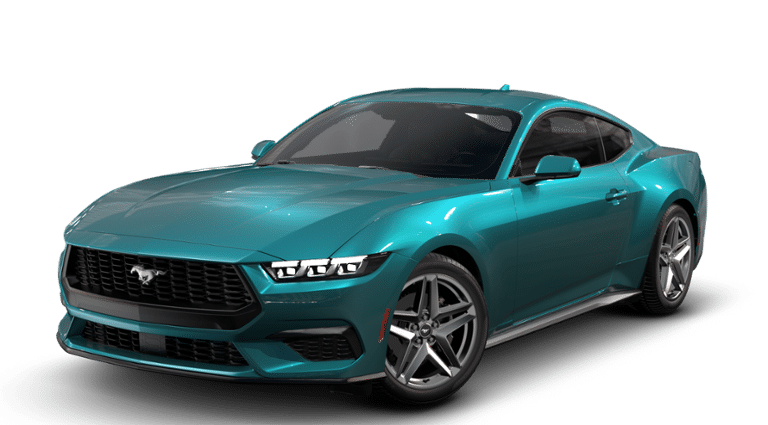2026 Ford Mustang EcoBoost Fastback in Adriatic Blue Metallic — front three-quarter view