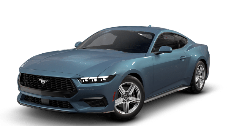 2026 Ford Mustang EcoBoost Fastback in Vapor Blue Metallic — front three-quarter view