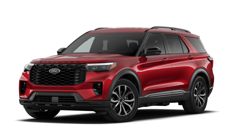 2026 Ford Explorer ST-Line in Rapid Red Metallic Tinted Clearcoat — front three-quarter view