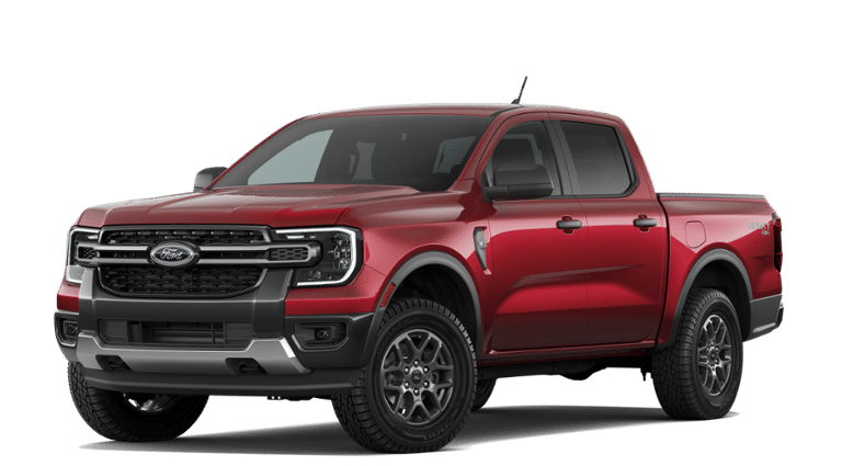 2026 Ford Ranger XLT in Ruby Red Metallic Tinted Clearcoat — front three-quarter view